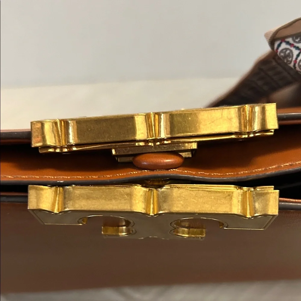 Tory Burch $700 Tan Eleanor Spazoletto Satchel with Gold Logo and Ribbon